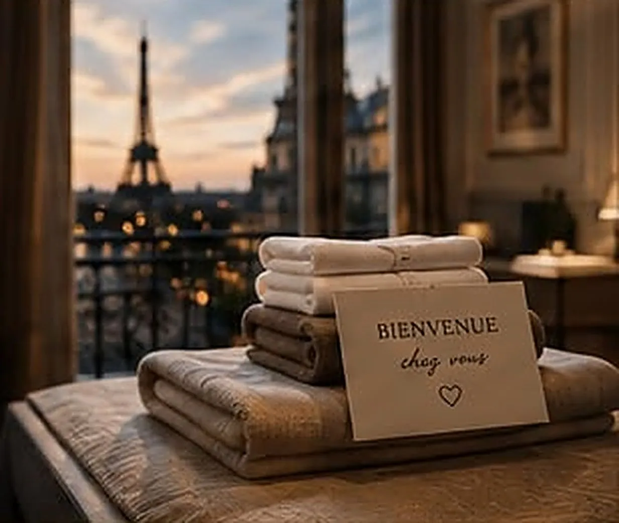 Serviettes pliées et carte de bienvenue
